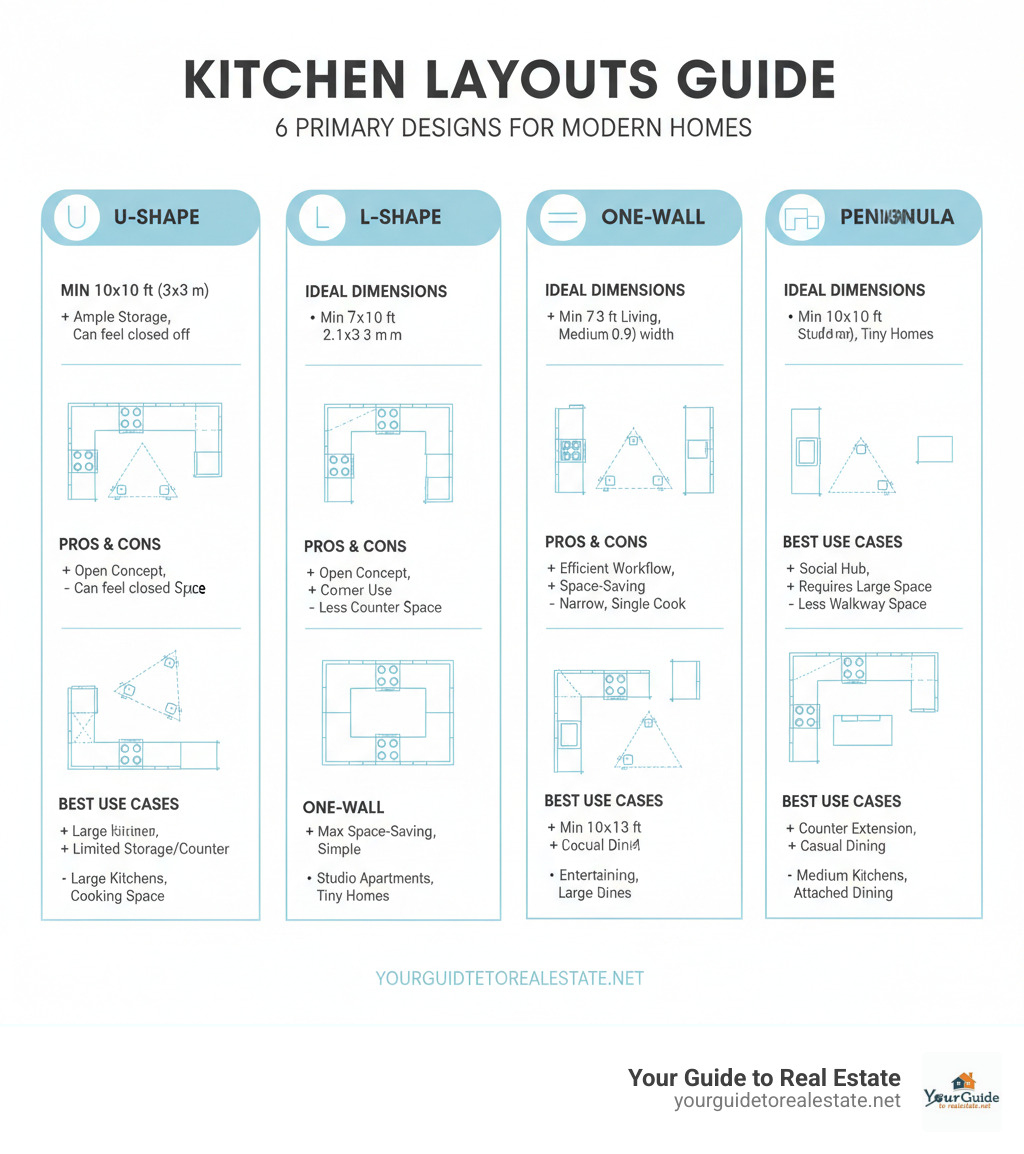 Infographic showing the 6 primary kitchen layouts with their ideal dimensions, pros and cons, and best use cases for each: U-Shape for multiple cooks and ample storage, L-Shape for open concepts and corner utilization, Galley for efficient single-cook workflows, One-Wall for space-saving linear designs, Island for social cooking and extra workspace, and Peninsula for attached counter extensions - kitchen floor plan infographic Infographic showing the 6 primary kitchen layouts with their ideal dimensions, pros and cons, and best use cases for each: U-Shape for multiple cooks and ample storage, L-Shape for open concepts and corner utilization, Galley for efficient single-cook workflows, One-Wall for space-saving linear designs, Island for social cooking and extra workspace, and Peninsula for attached counter extensions - kitchen floor plan infographic