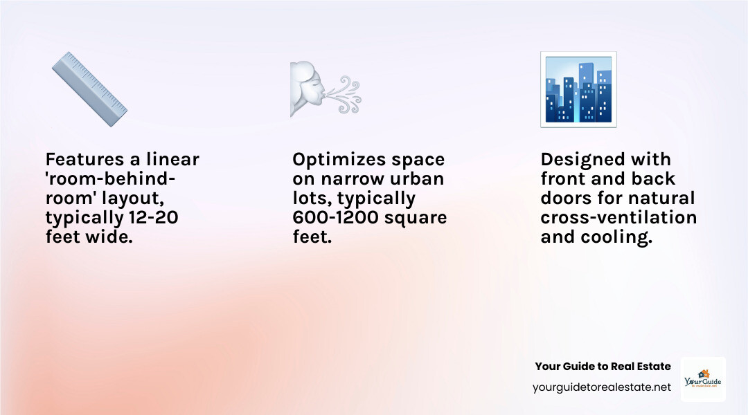 Detailed infographic showing a traditional shotgun house floor plan layout with front porch, living room, bedroom, kitchen, and bathroom arranged in a straight line, with arrows indicating natural airflow from front door to back door, plus dimensions showing typical 12-20 foot width - shotgun house floor plan infographic 3_facts_emoji_light-gradient