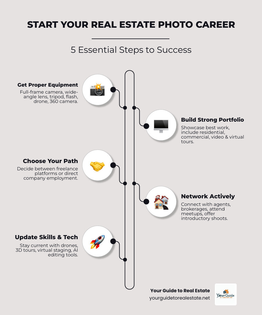 Infographic showing the 5 key steps to starting a career in real estate photography: 1. Get proper equipment (full-frame camera, wide-angle lens, tripod), 2. Build a strong portfolio with real estate samples, 3. Choose between freelance platforms or direct employment, 4. Network with real estate professionals, 5. Continuously update skills with new technology trends - eal estate photography jobs infographic infographic-line-5-steps-neat_beige