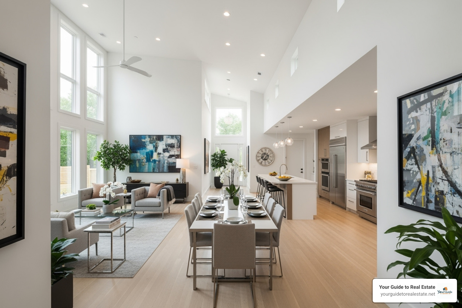 A bright, airy modern shotgun house interior with an open-concept living room, dining area, and kitchen flowing seamlessly into one another - shotgun house floor plan