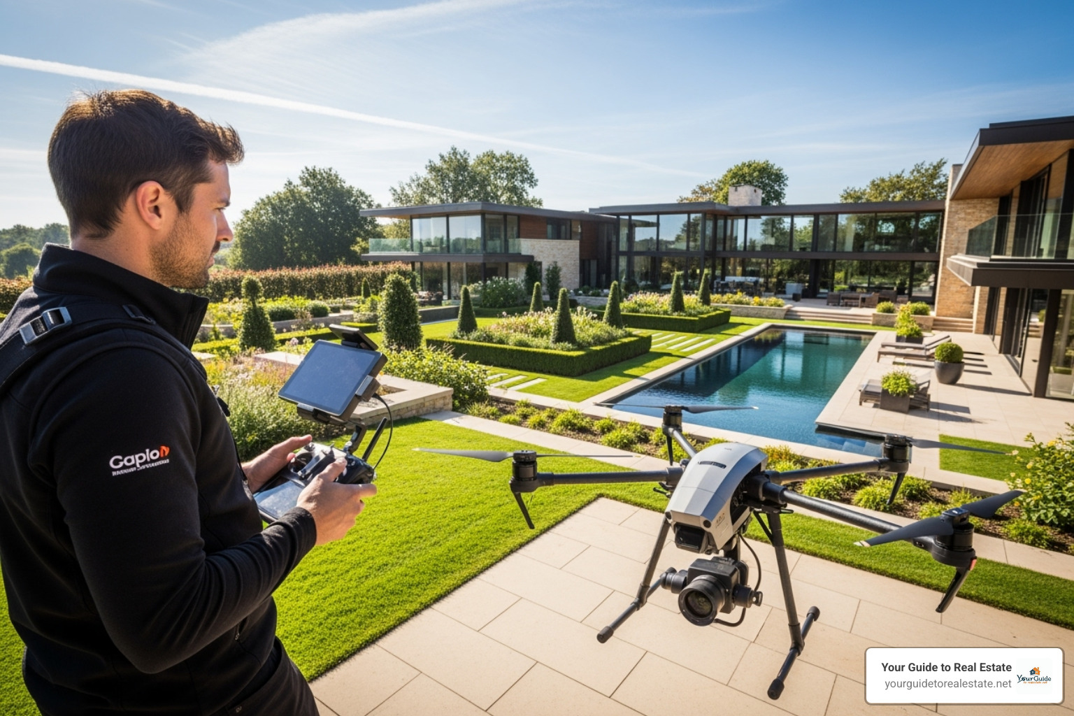 A photographer flying a drone over a luxury property - eal estate photography jobs