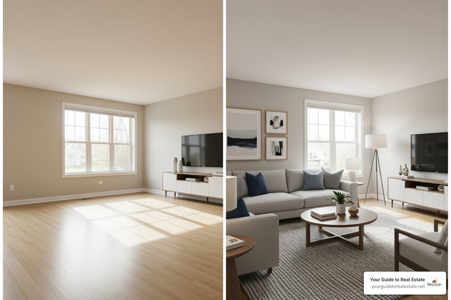 Side-by-side comparison of an empty room and a virtually staged room - real estate photography pricing