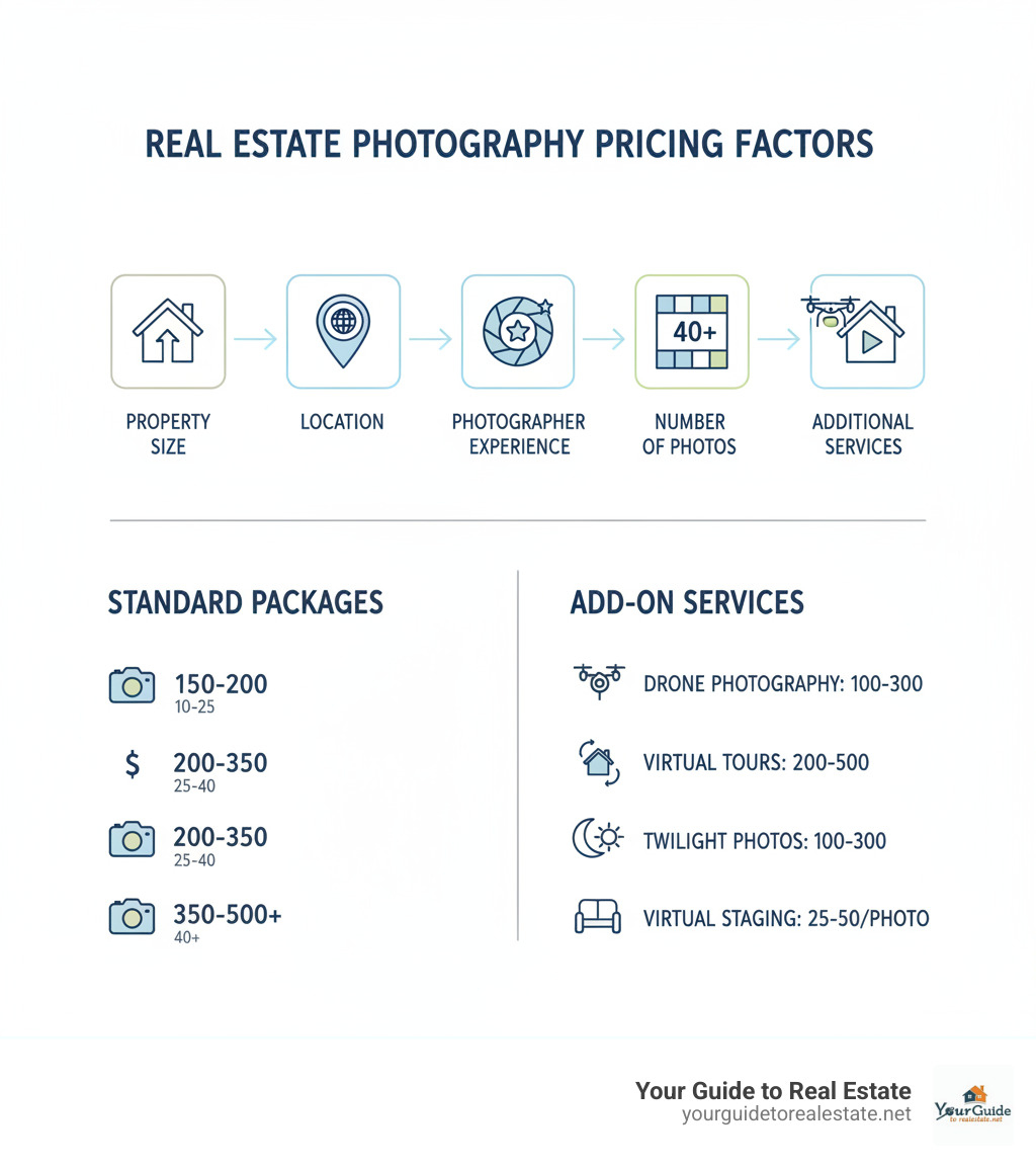 Comprehensive breakdown of real estate photography pricing factors including property size, location, photographer experience, number of photos, and additional services like drone photography and virtual staging - real estate photography pricing infographic 