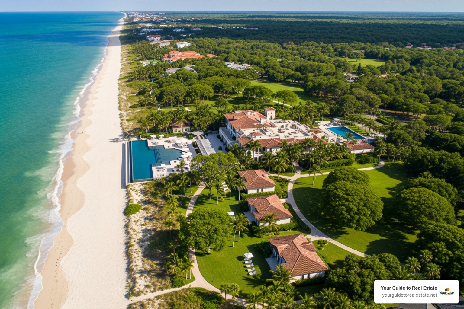 A beautiful property showcasing its proximity to a serene beach and lush park - drone real estate photography