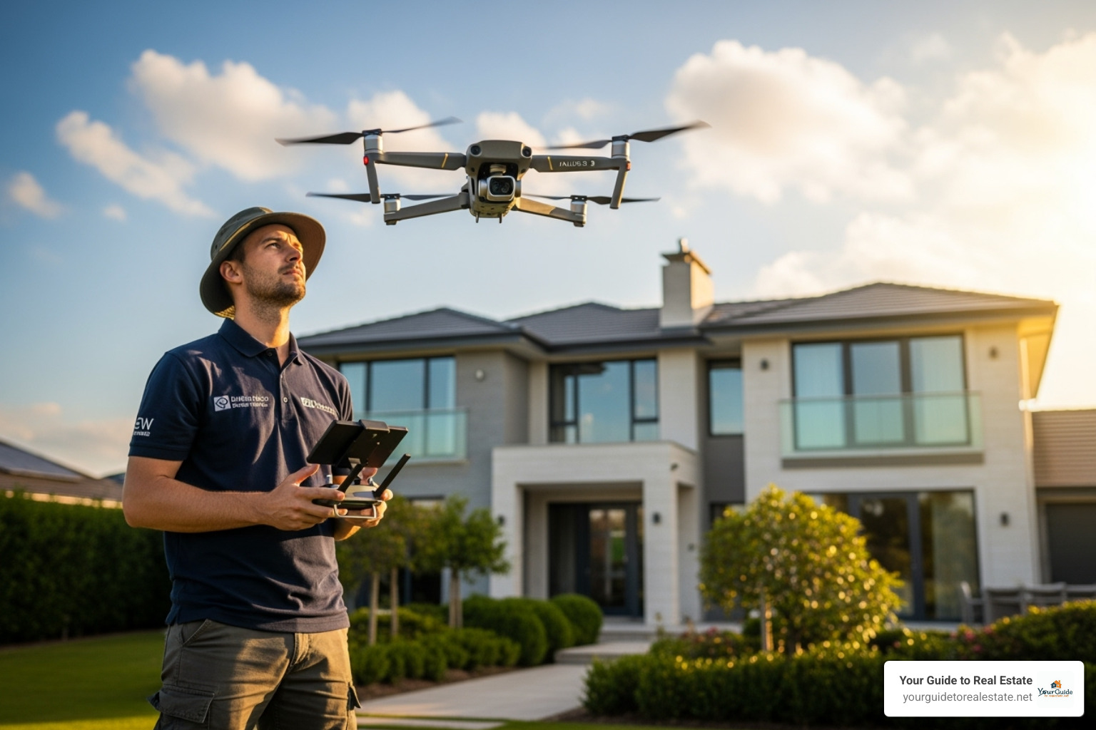 A drone pilot operating a modern drone with a controller, preparing for a real estate shoot - drone real estate photography