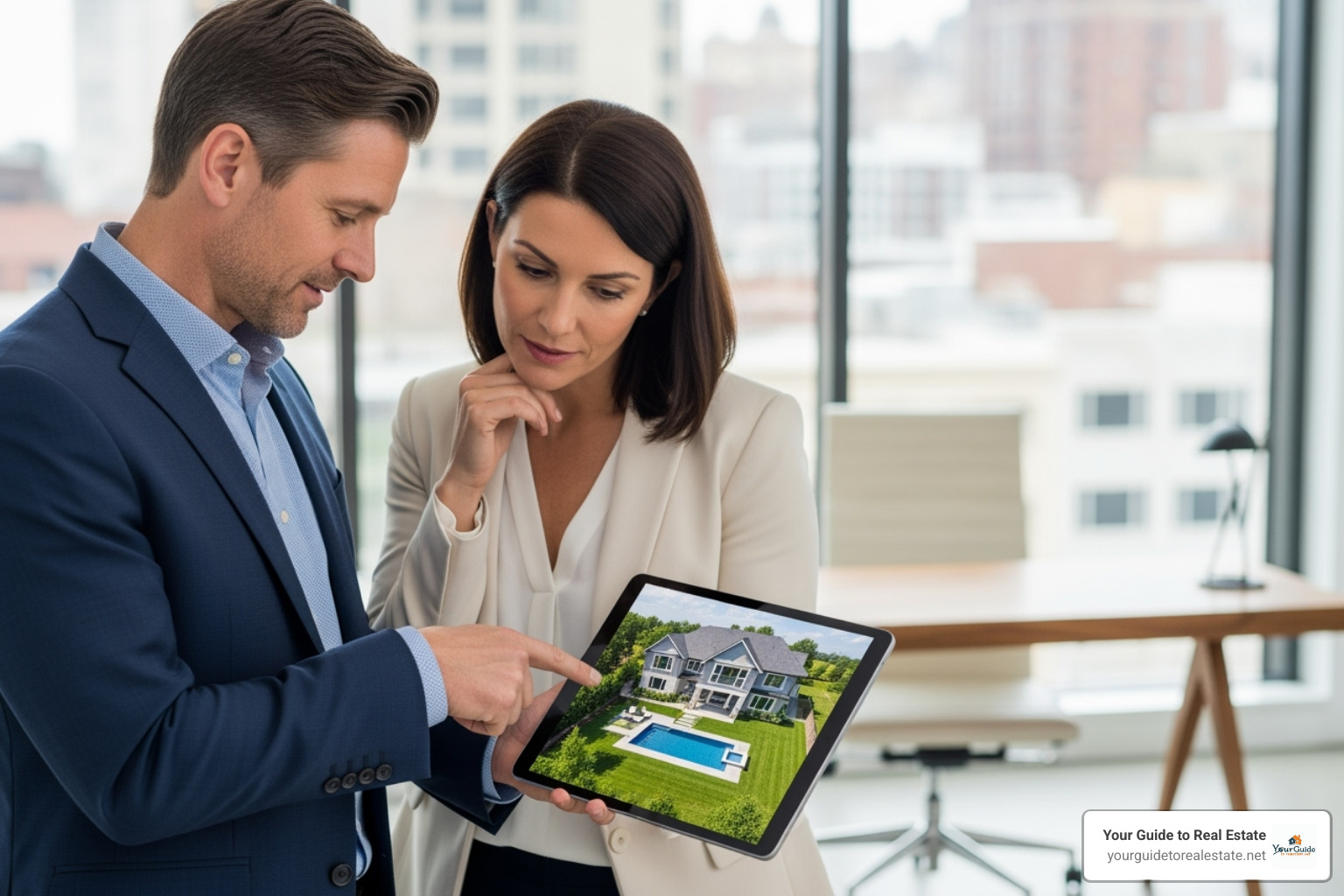 A real estate agent showing a client a property listing featuring drone video on a tablet - drone real estate photography