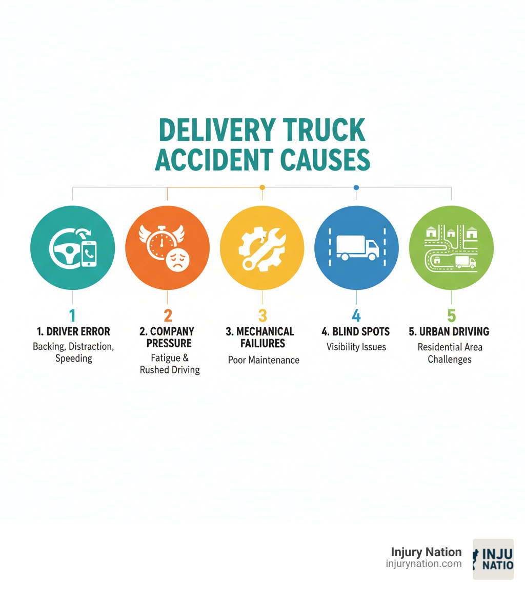 Infographic showing the top 5 causes of delivery truck accidents: 1) Driver error (backing up, distracted driving, speeding), 2) Company pressure leading to fatigue and rushed driving, 3) Mechanical failures from poor maintenance, 4) Blind spots and visibility issues, 5) Urban driving challenges in residential areas - Delivery truck accident infographic Infographic showing the top 5 causes of delivery truck accidents: 1) Driver error (backing up, distracted driving, speeding), 2) Company pressure leading to fatigue and rushed driving, 3) Mechanical failures from poor maintenance, 4) Blind spots and visibility issues, 5) Urban driving challenges in residential areas - Delivery truck accident infographic