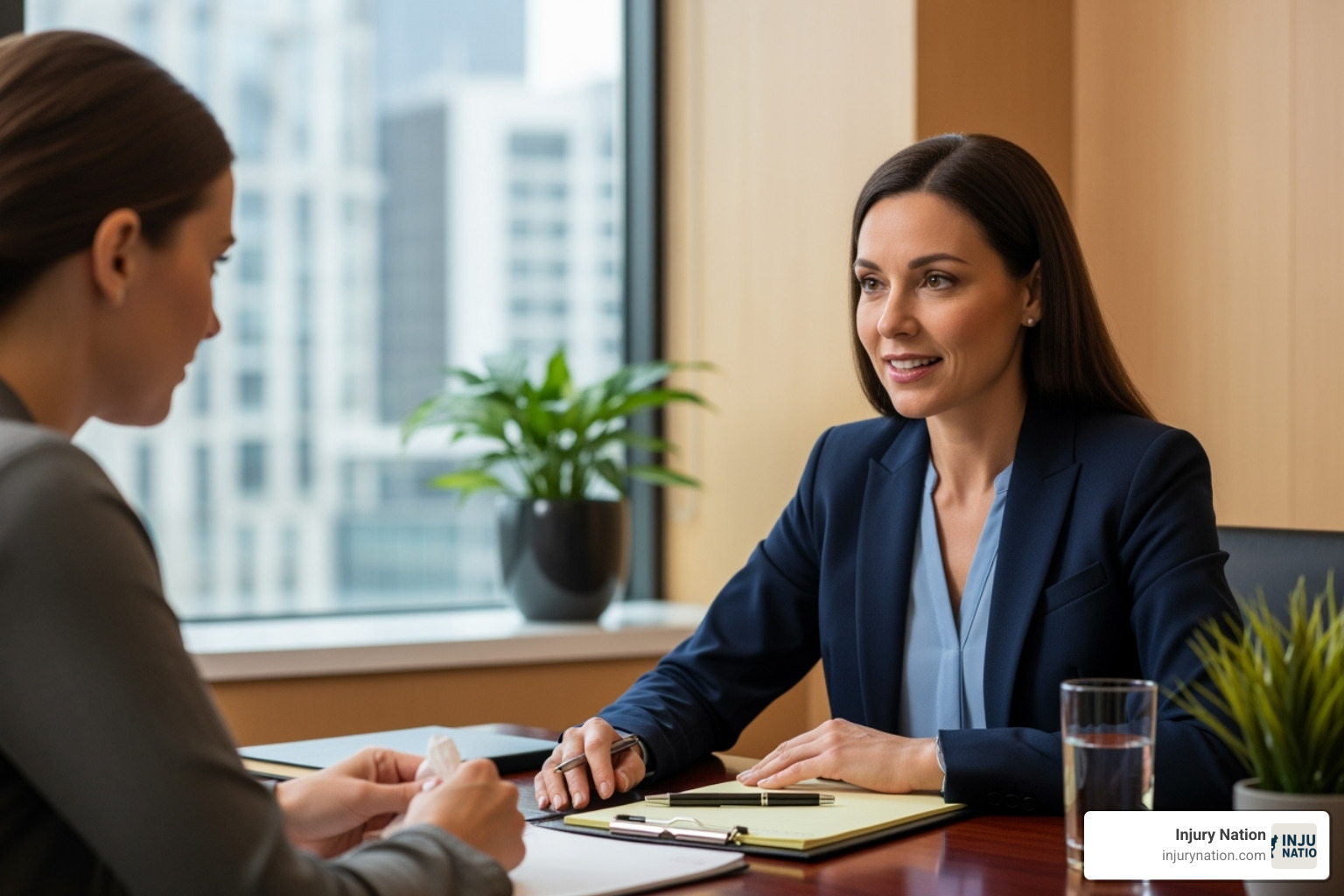 Victim speaking with a compassionate lawyer - Delivery truck accident Victim speaking with a compassionate lawyer - Delivery truck accident