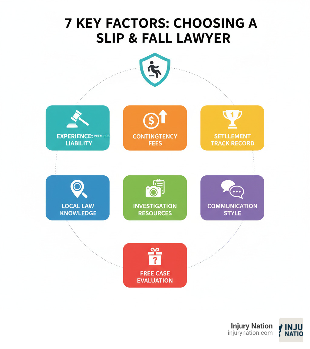 Infographic showing the 7 key factors to evaluate when choosing a slip and fall lawyer: experience with premises liability, contingency fees, settlement track record, local law knowledge, investigation resources, communication style, and free case evaluation - slip and fall lawyer infographic 