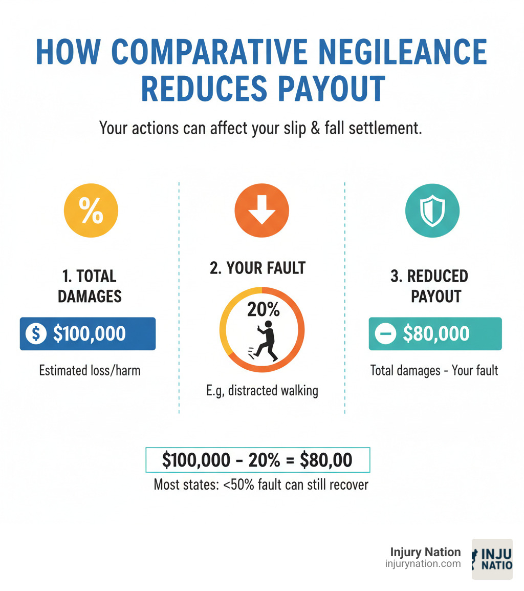 infographic explaining how comparative negligence reduces a settlement payout - slip and fall lawyer infographic 