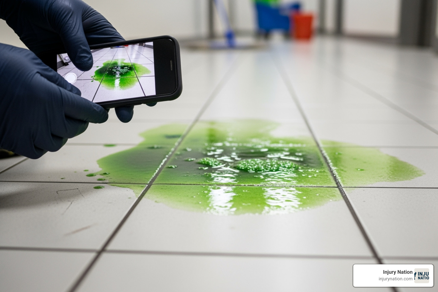 person taking a photo of a hazardous spill on a floor with their smartphone - slip and fall lawyer