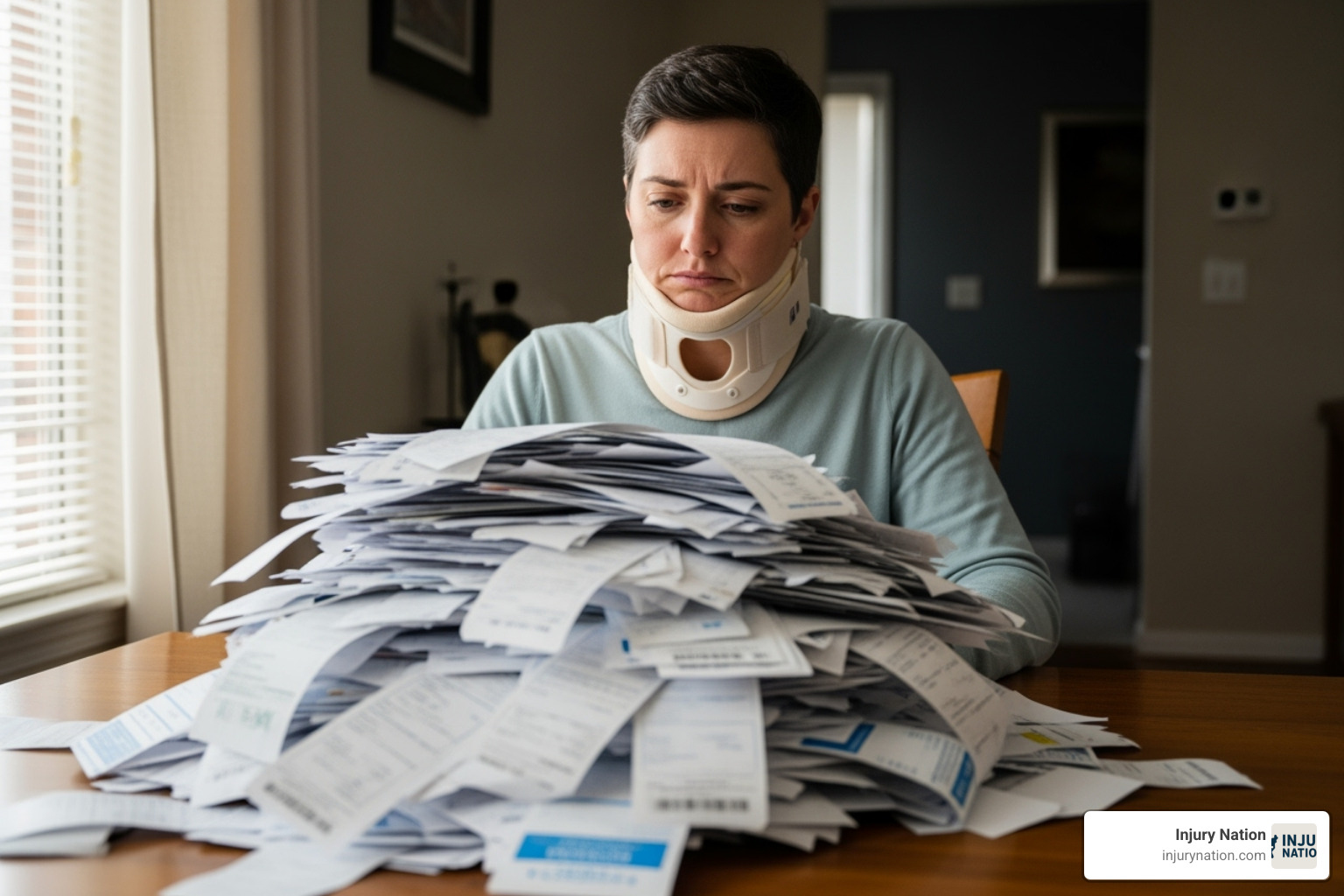 person in a neck brace looking at a stack of medical bills - slip and fall lawyer