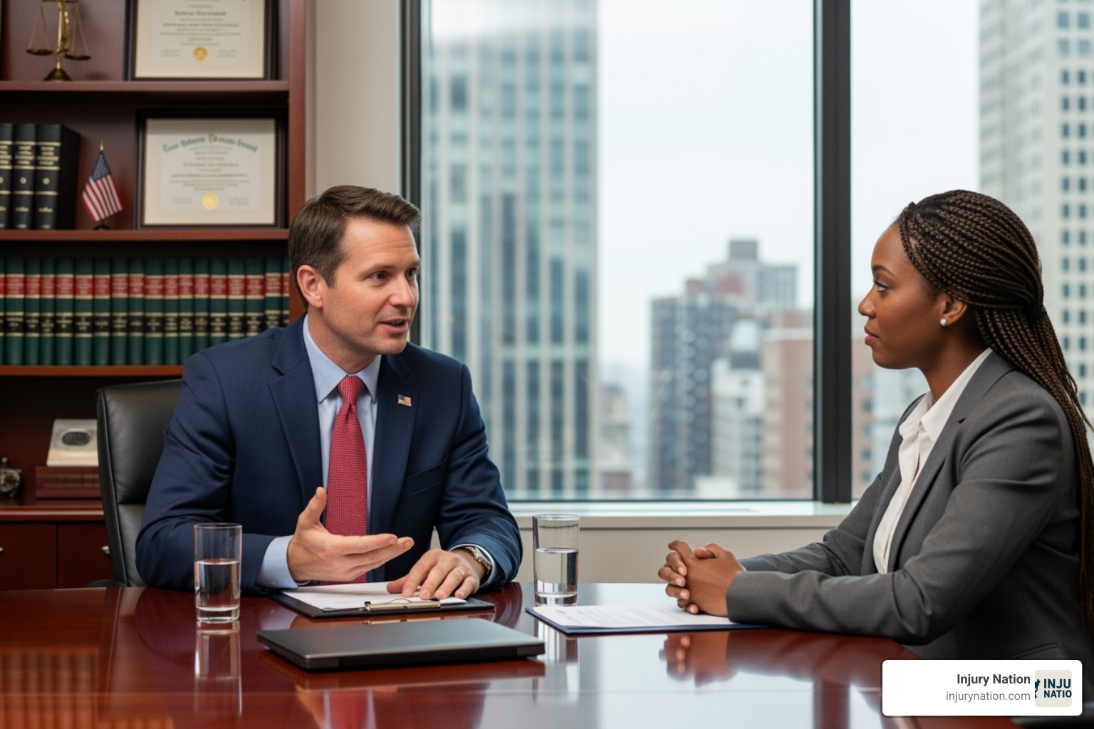 lawyer confidently speaking with a client in an office setting - slip and fall lawyer