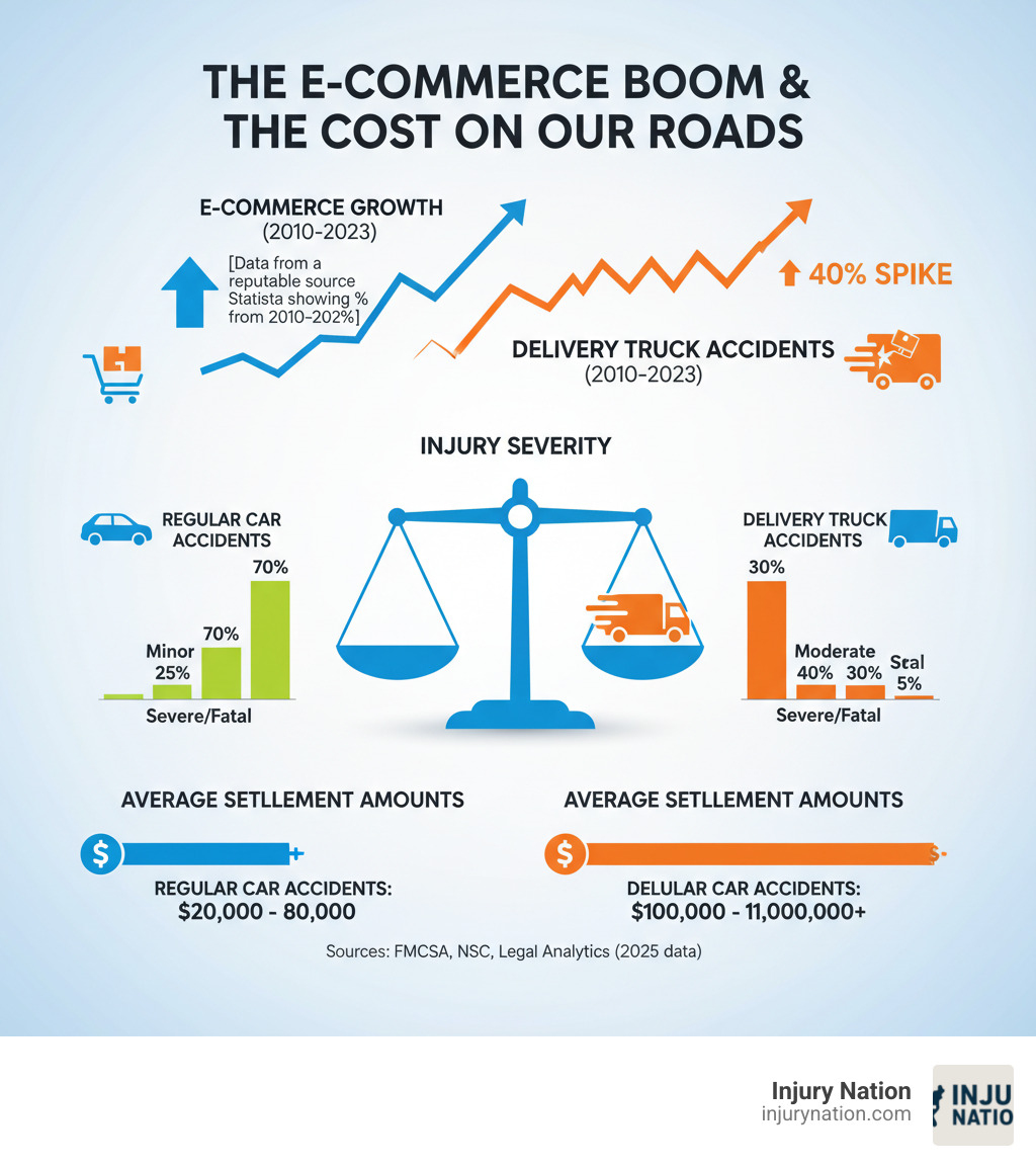 Infographic showing the correlation between e-commerce growth from 2010-2023 and the corresponding 40% increase in delivery truck accidents, with statistics on injury severity rates and average settlement amounts for delivery truck accidents versus regular car accidents - delivery truck accident attorney infographic 