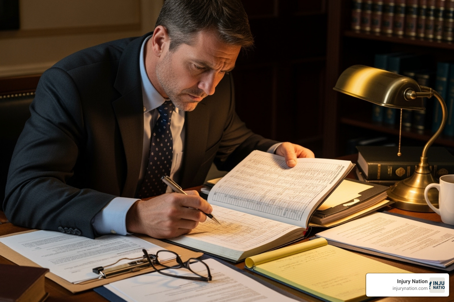 A lawyer reviewing documents like a driver's logbook - delivery truck accident attorney