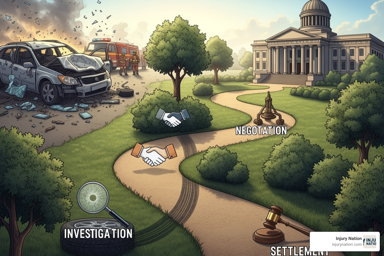 A detailed diagram showing the car accident claim timeline from initial accident report to negotiation, settlement, and potential trial - car accident lawyer