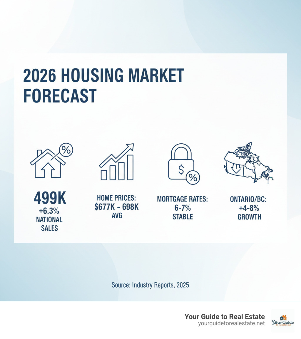 Comprehensive breakdown of 2026 housing market predictions showing national sales volume forecast of 499K units with 6.3% growth, average home price projections ranging from $677K to $698K across different sources, mortgage rate stability around 6-7%, and regional variations with Ontario/BC facing declines while Prairies expect 4-8% price growth - housing market predictions 2026 infographic 