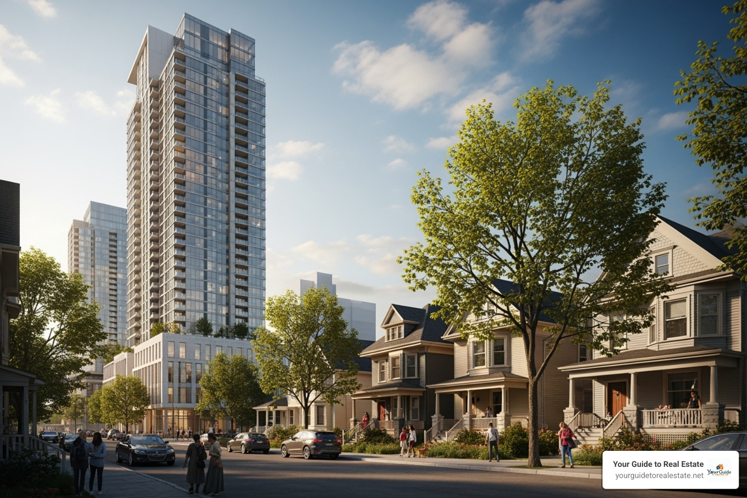 Diverse urban neighborhood with high-rise condos and single-family homes - housing market predictions 2026