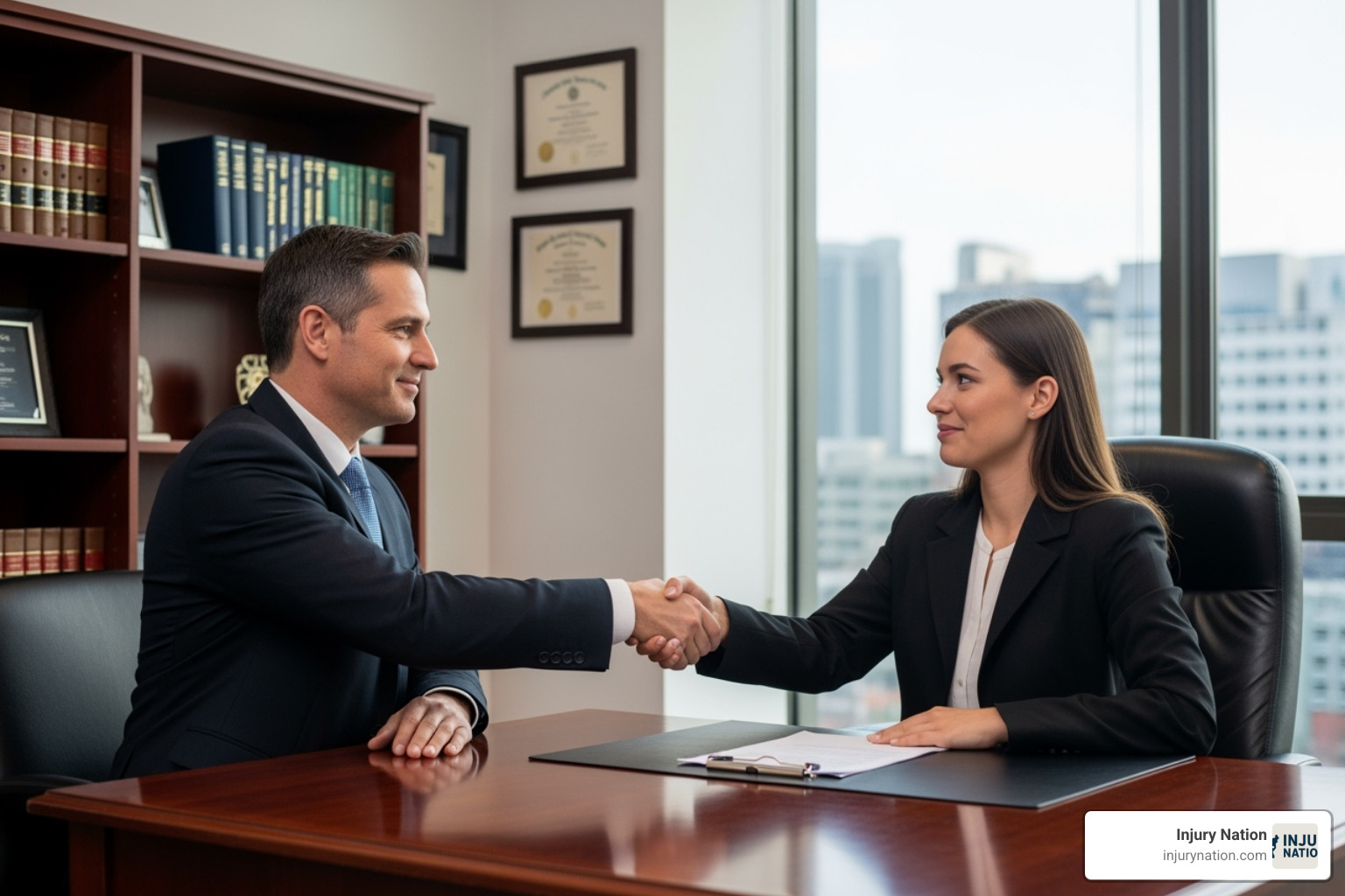 A client shaking hands with a car accident lawyer in an office setting - car accident lawyer