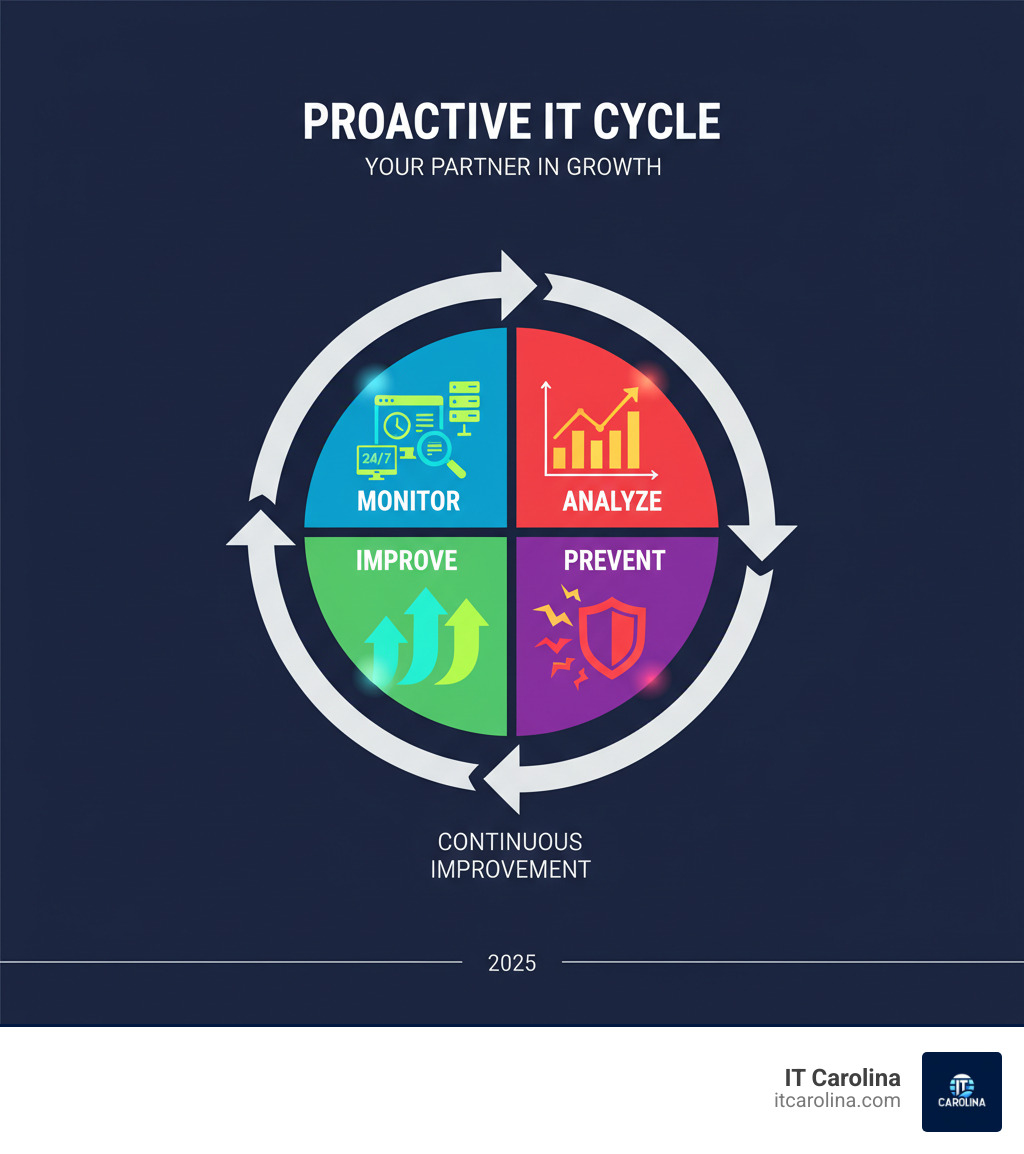 Comprehensive infographic showing the proactive IT cycle with four interconnected stages: Monitor (24/7 system surveillance with dashboard icons), Analyze (data charts and trending graphs), Prevent (shield protecting against threats and failures), and Improve (upward arrows showing performance optimization), all connected by circular arrows demonstrating continuous improvement - proactive it infographic 