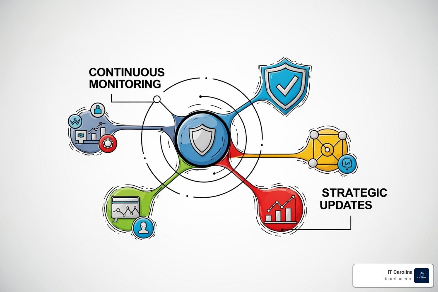 Interconnected icons representing continuous monitoring, security, automation, and strategic updates - proactive it