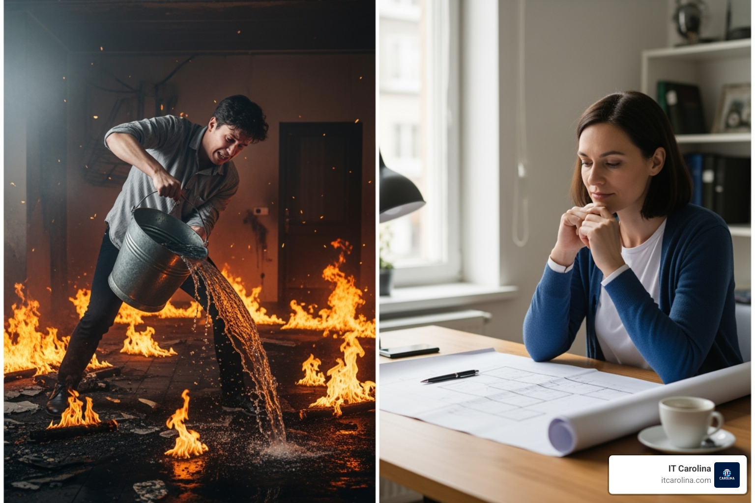 Stressed person putting out fires (reactive) vs. calm person planning (proactive) - proactive it