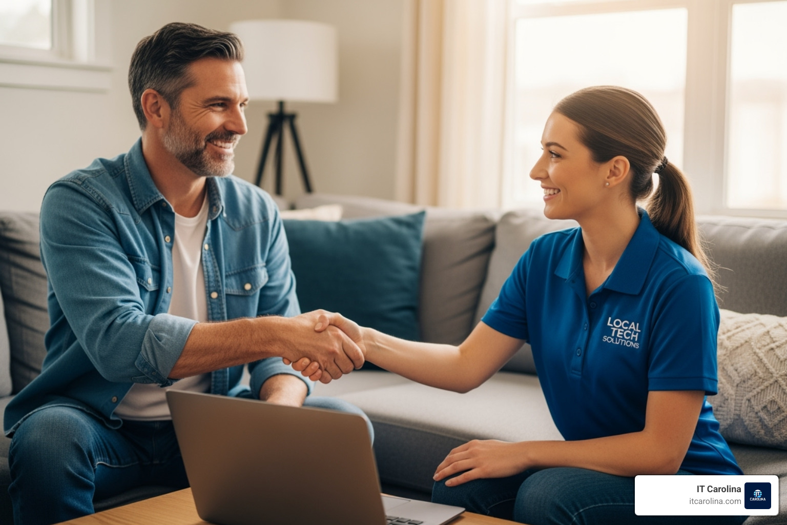 Person smiling and shaking hands with a friendly, local technician - Tech support for home