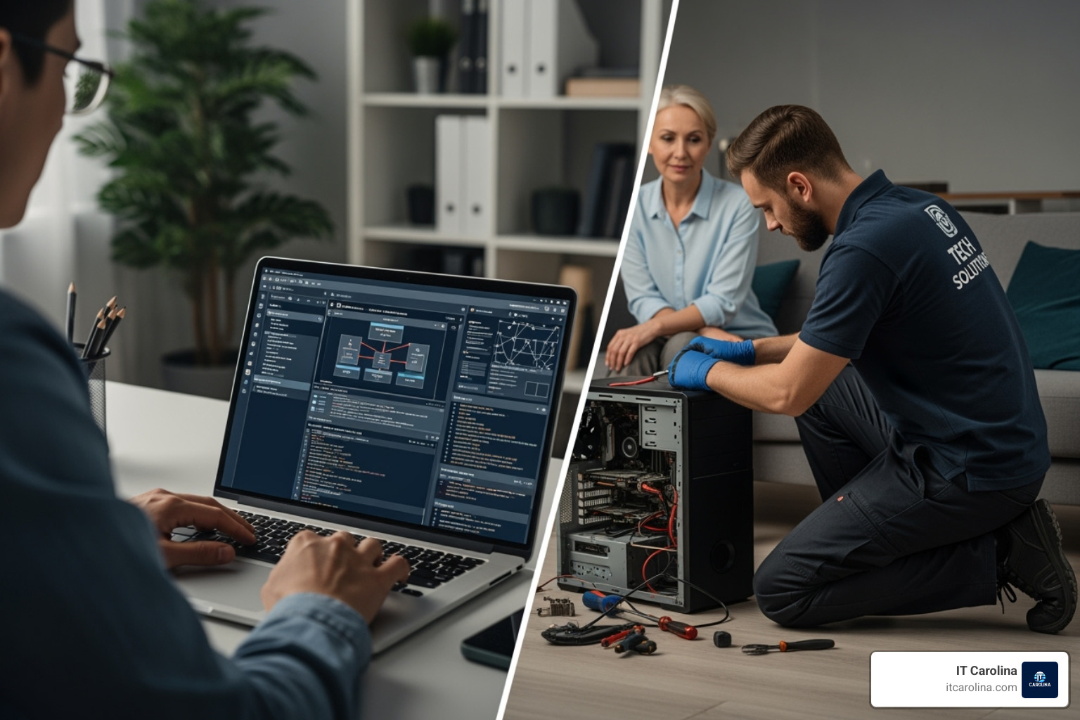 Split screen showing remote support on one side and an in-home technician on the other - Tech support for home