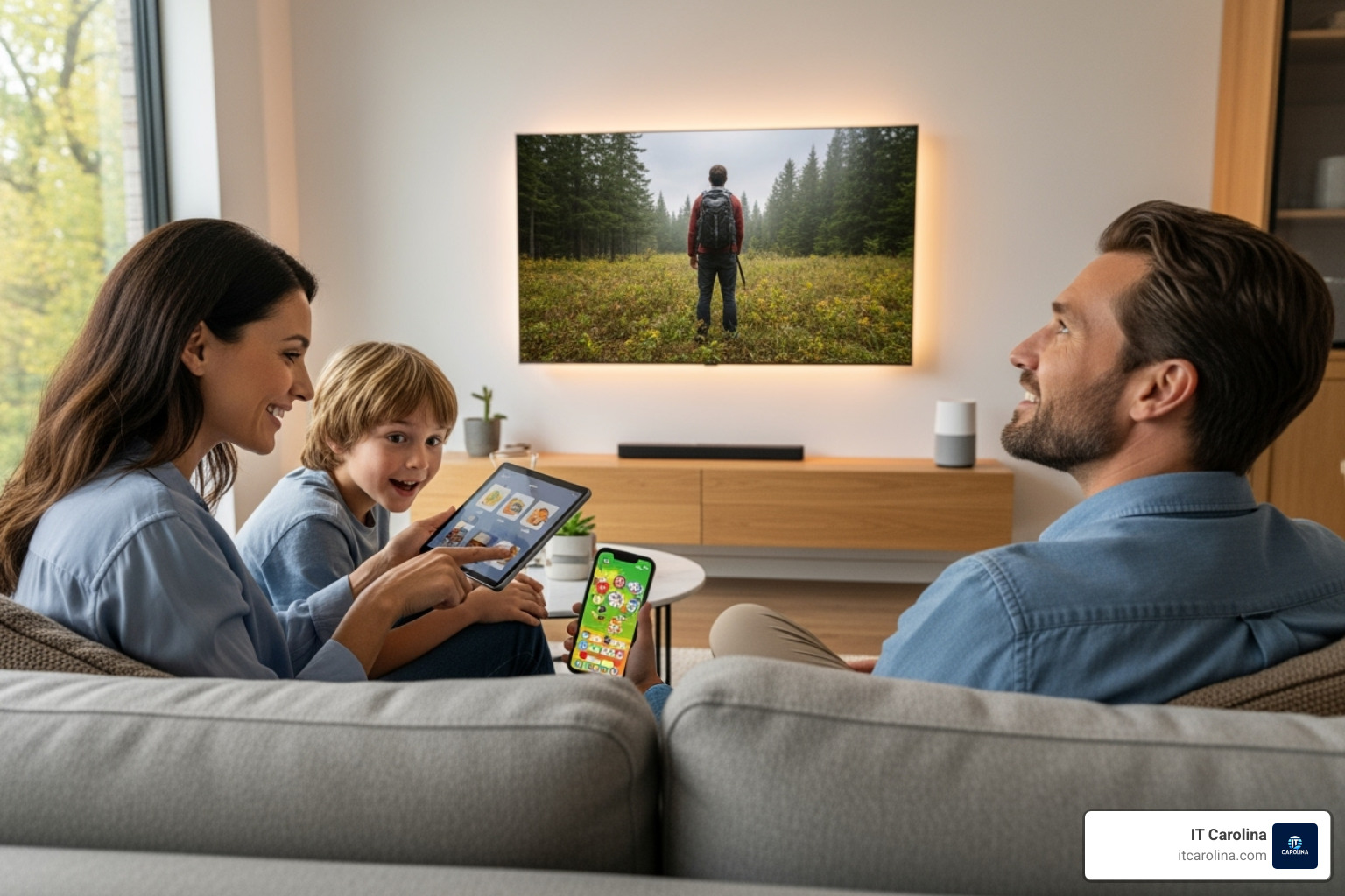 Happy family using various smart devices seamlessly at home - Tech support for home
