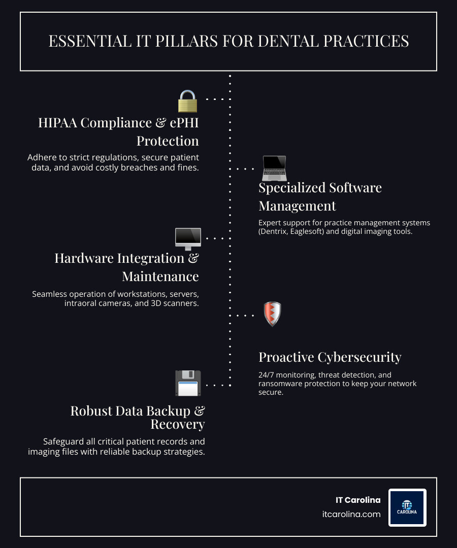 Infographic showing four key IT pillars for dental practices: HIPAA Compliance with patient data protection, Specialized Software including practice management and imaging systems, Hardware Integration covering workstations and dental equipment, and Security Services with 24/7 monitoring and backup solutions - it support for dental offices charlotte infographic infographic-line-5-steps-dark Infographic showing four key IT pillars for dental practices: HIPAA Compliance with patient data protection, Specialized Software including practice management and imaging systems, Hardware Integration covering workstations and dental equipment, and Security Services with 24/7 monitoring and backup solutions - it support for dental offices charlotte infographic infographic-line-5-steps-dark