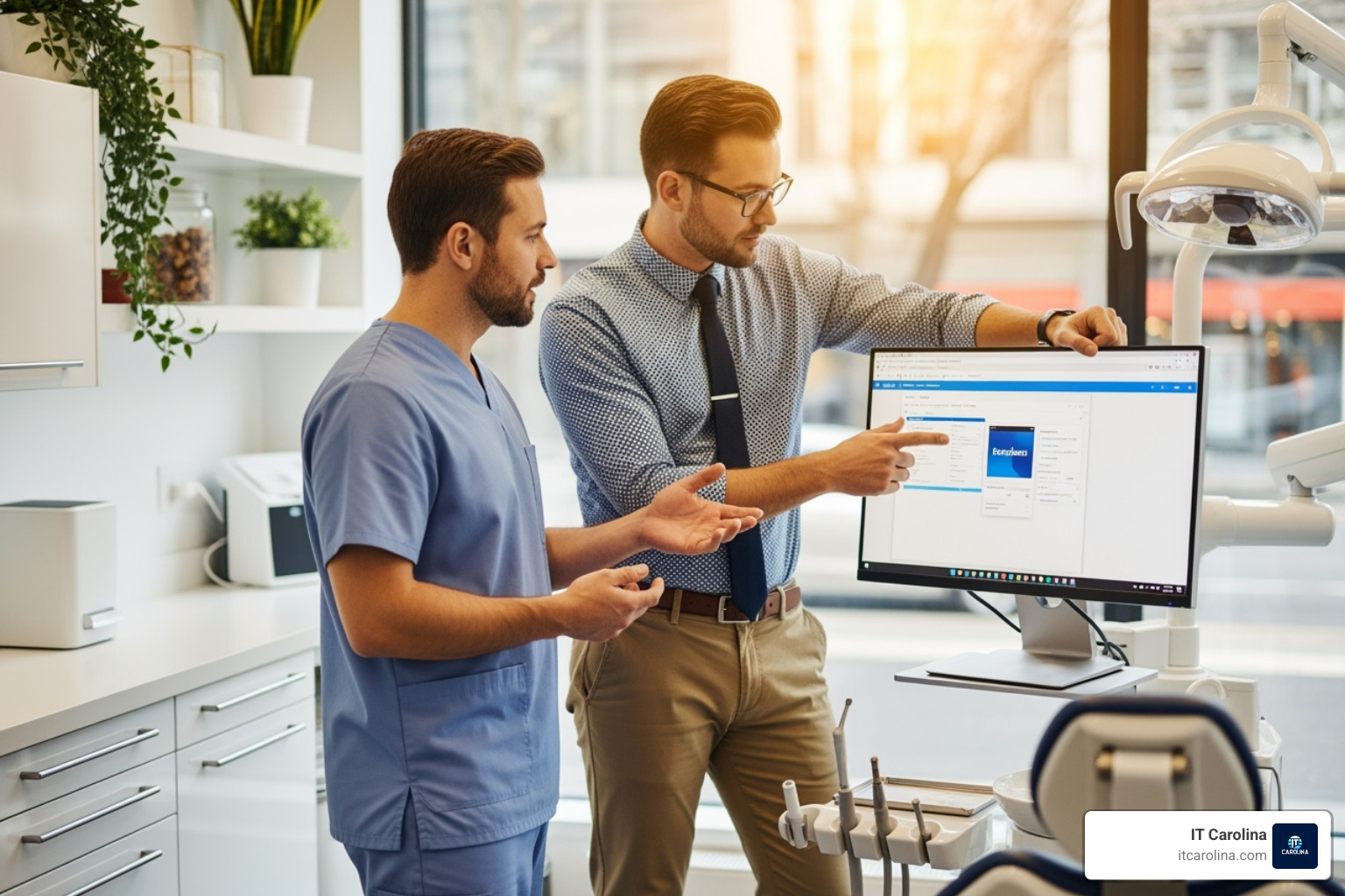 Dentist and IT professional discussing IT solutions - it support for dental offices charlotte Dentist and IT professional discussing IT solutions - it support for dental offices charlotte