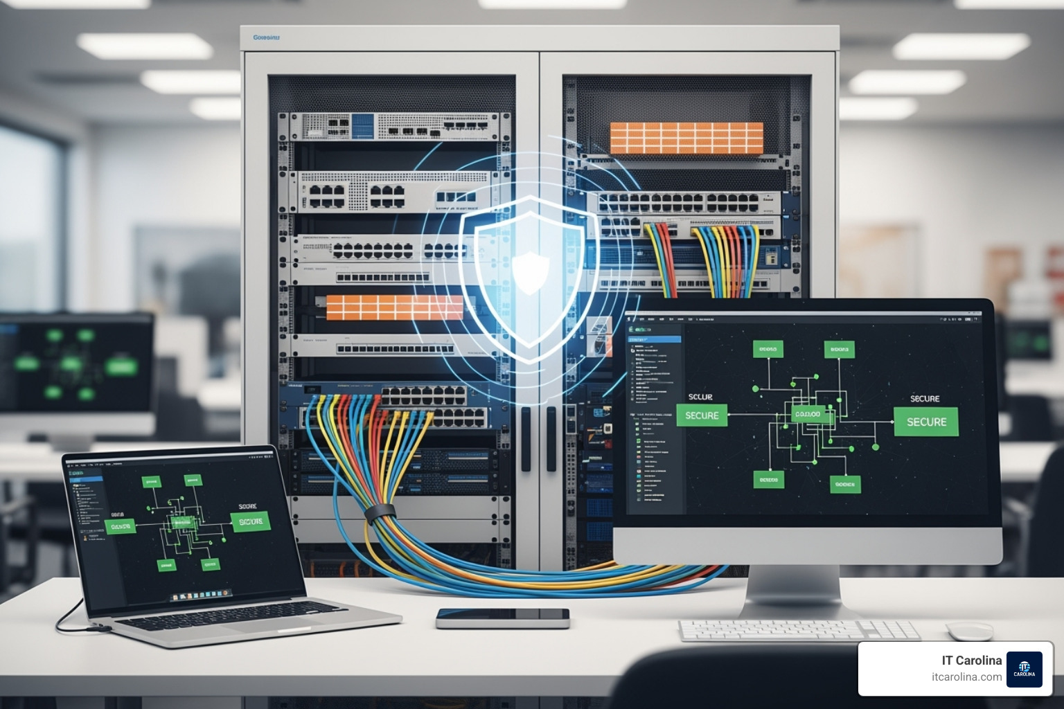 Secure office network with various devices connected, symbolizing efficiency and protection - it solution support Secure office network with various devices connected, symbolizing efficiency and protection - it solution support