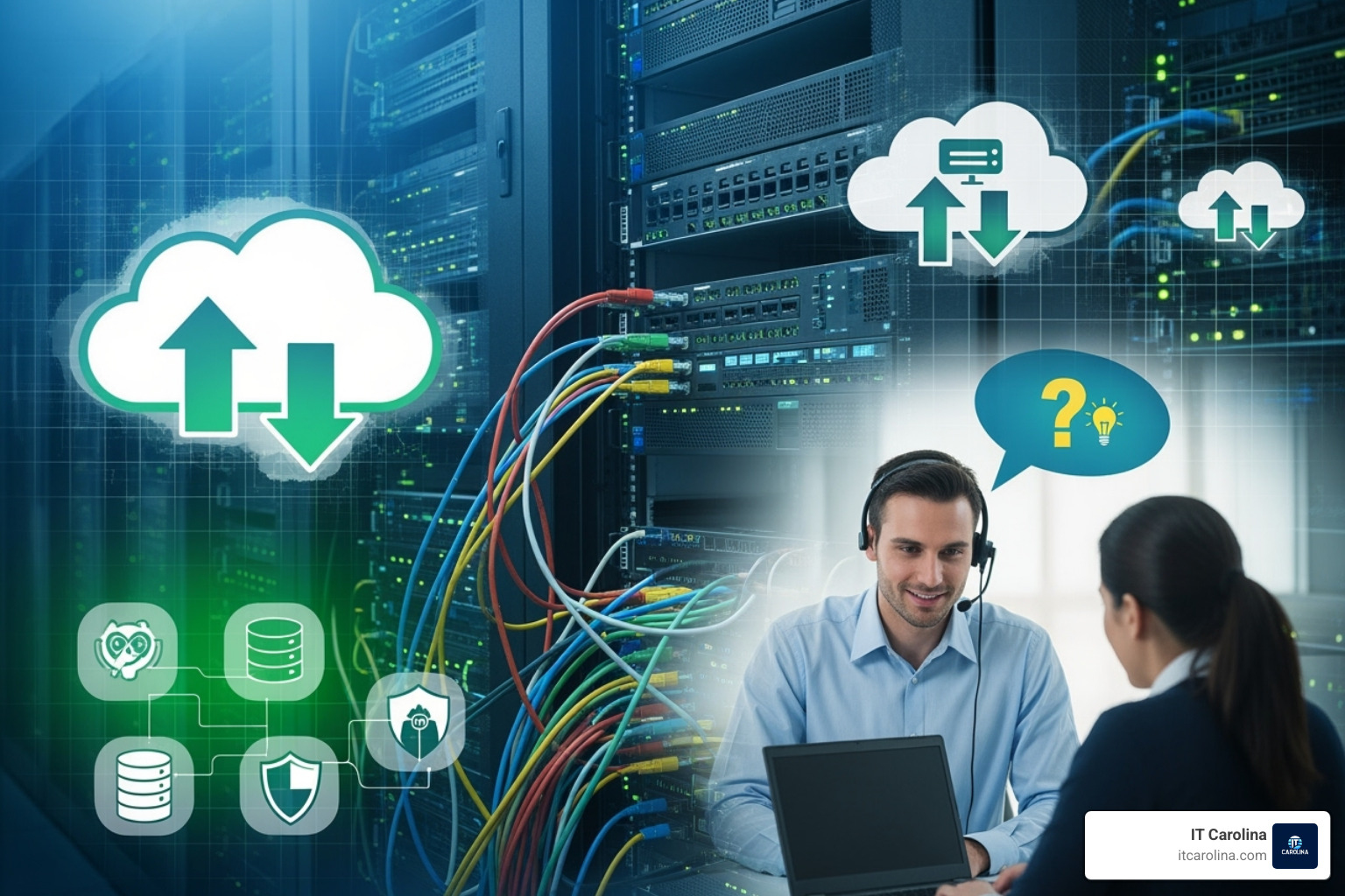 collage showing different IT services like network servers, cloud icons, and a helpdesk operator - it support charlotte collage showing different IT services like network servers, cloud icons, and a helpdesk operator - it support charlotte