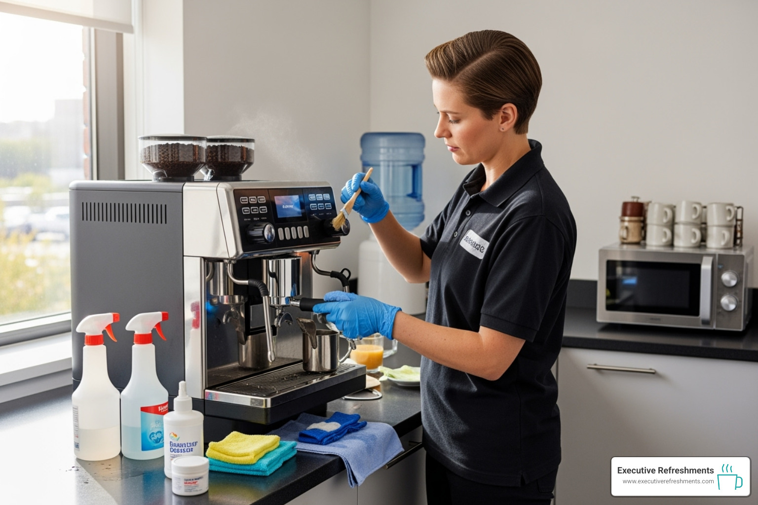 a service technician cleaning a commercial coffee machine - Office coffee equipment