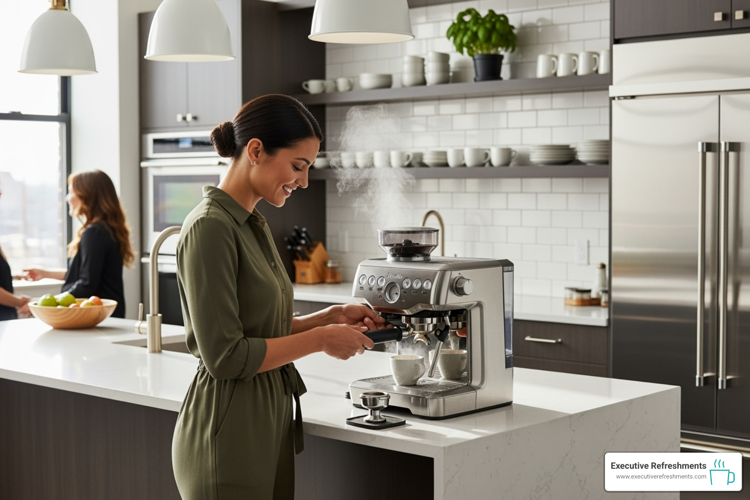 an employee making an espresso in a stylish office kitchen - Office coffee equipment