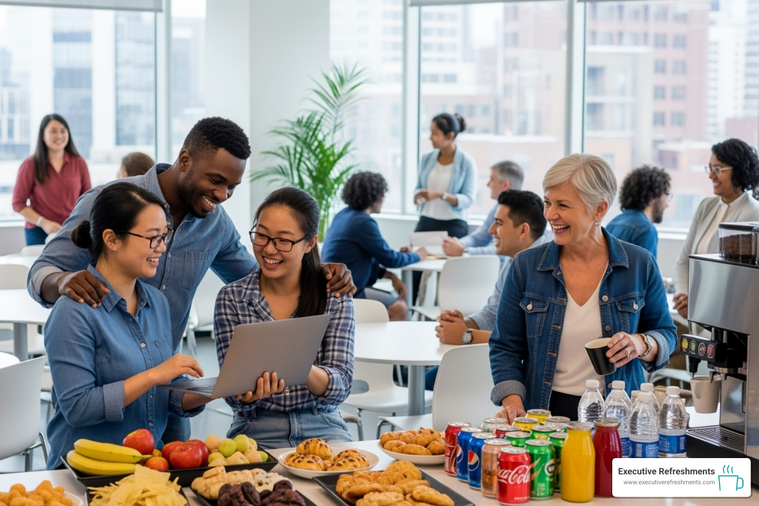 happy, collaborating employees in a breakroom setting - what is pantry service happy, collaborating employees in a breakroom setting - what is pantry service