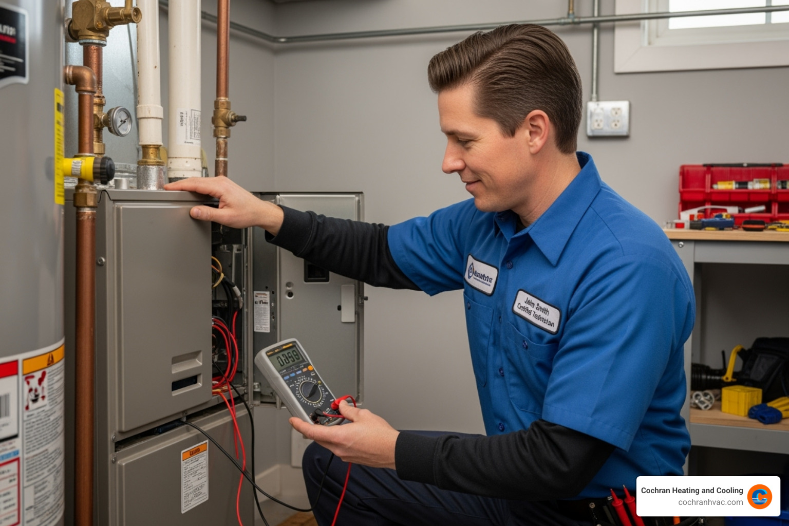 friendly, professional technician inspecting a heating unit - residential heating repair westmoreland county friendly, professional technician inspecting a heating unit - residential heating repair westmoreland county