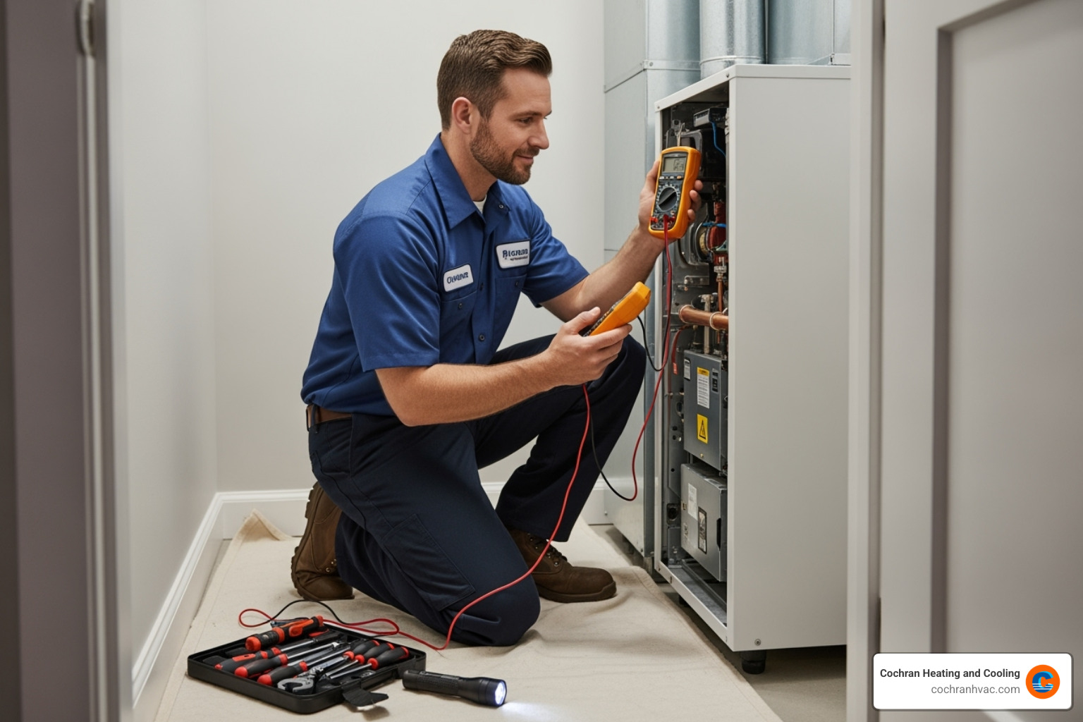Technician respectfully working inside a customer's home - cochran heating and cooling jeannette pa