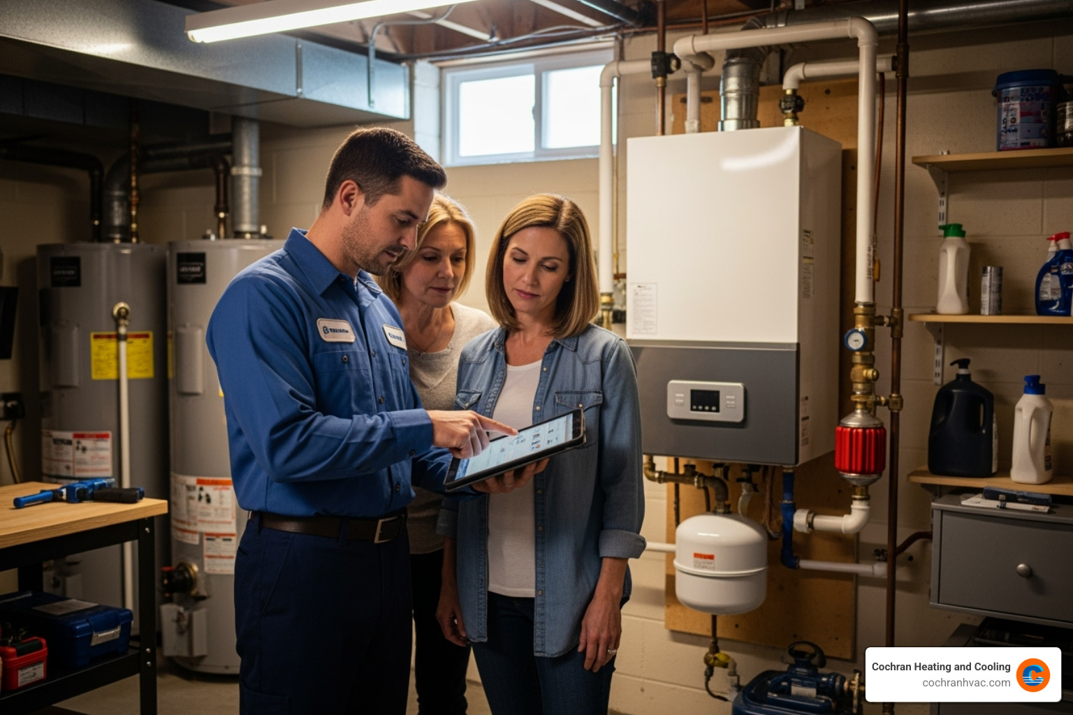 HVAC technician discussing boiler options with a homeowner - high-efficiency boiler jeannette pa HVAC technician discussing boiler options with a homeowner - high-efficiency boiler jeannette pa