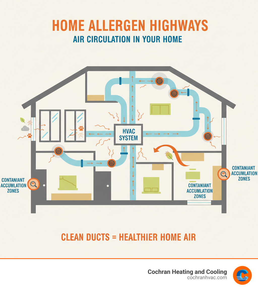 Infographic showing how dust, pet dander, pollen, and other allergens enter a home through windows and doors, then circulate through the HVAC system's ductwork, spreading throughout every room via air vents, with arrows indicating the circulation pattern and highlighting problem areas where contaminants accumulate - air duct cleaning westmoreland county infographic 