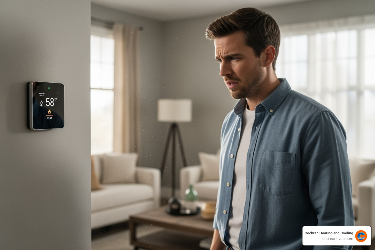 A homeowner looking concerned at a thermostat - preventative hvac maintenance westmoreland county A homeowner looking concerned at a thermostat - preventative hvac maintenance westmoreland county