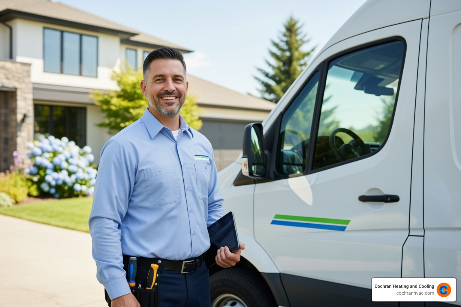 A friendly, professional HVAC technician smiling beside a Cochran Heating & Cooling service van - preventative hvac maintenance westmoreland county A friendly, professional HVAC technician smiling beside a Cochran Heating & Cooling service van - preventative hvac maintenance westmoreland county