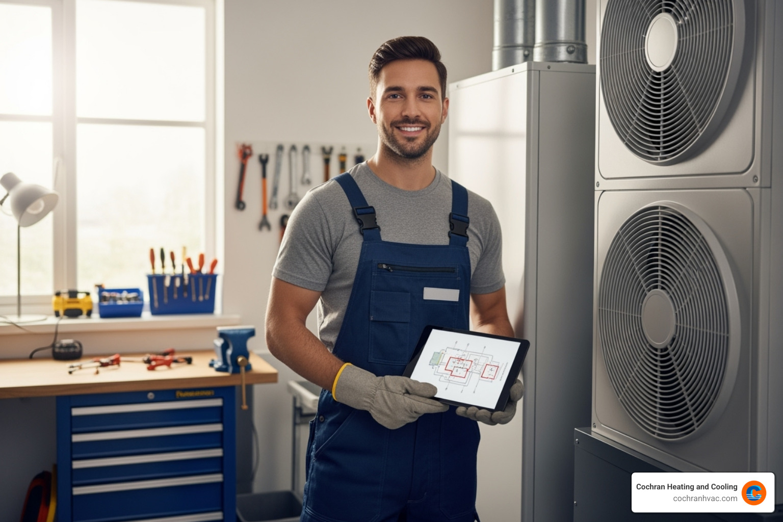 A professional HVAC technician in uniform, wearing gloves, stands next to a modern HVAC unit, holding a tablet and smiling. The background is a clean, well-lit utility room, conveying professionalism and expertise. - air duct cleaning westmoreland county