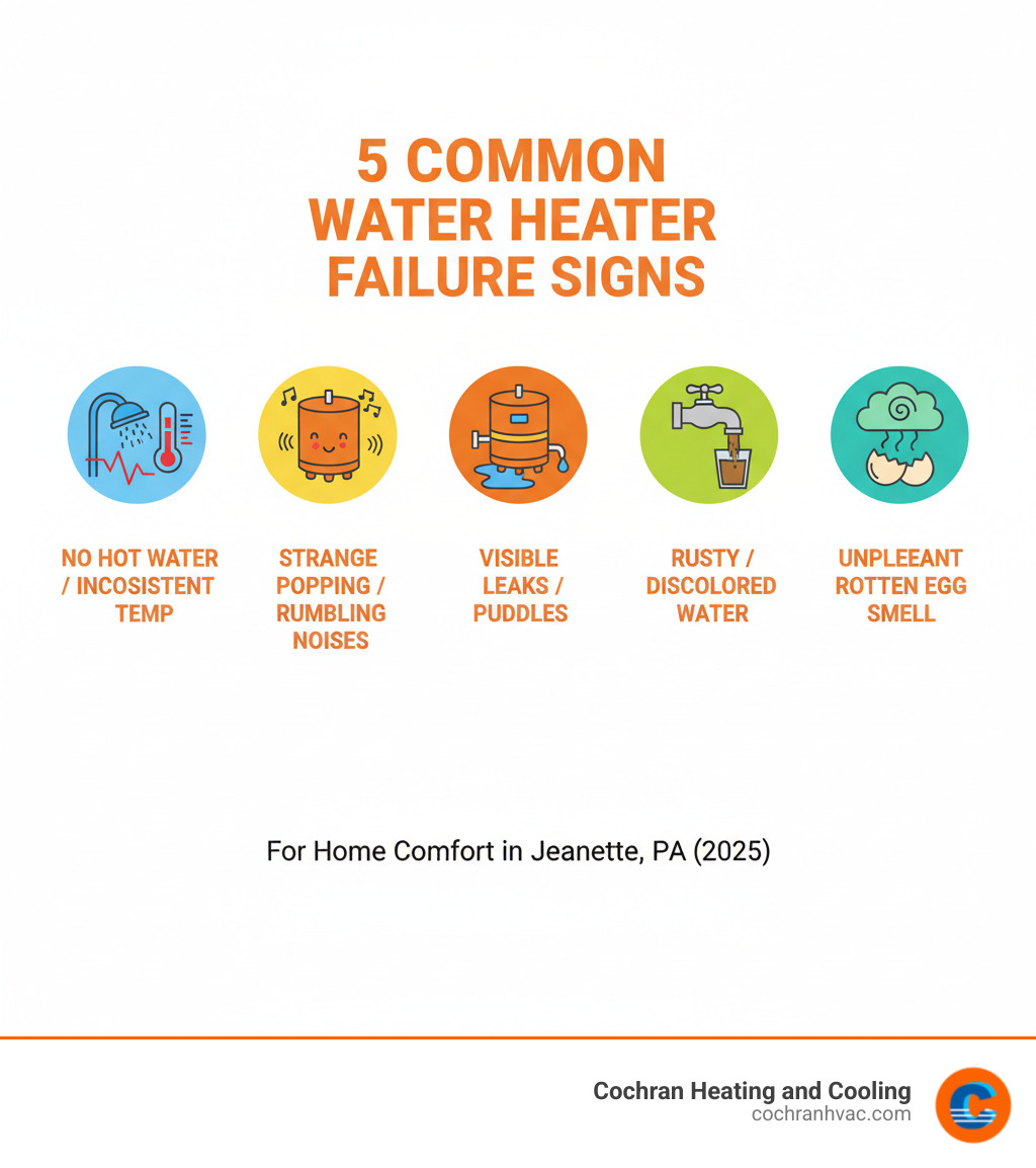 Infographic showing the 5 most common water heater failure signs: no hot water or inconsistent temperature, strange popping or rumbling noises from the tank, visible leaks or puddles around the unit, rusty or discolored water from faucets, and unpleasant rotten egg smell from hot water - water heater repair jeannette pa infographic 