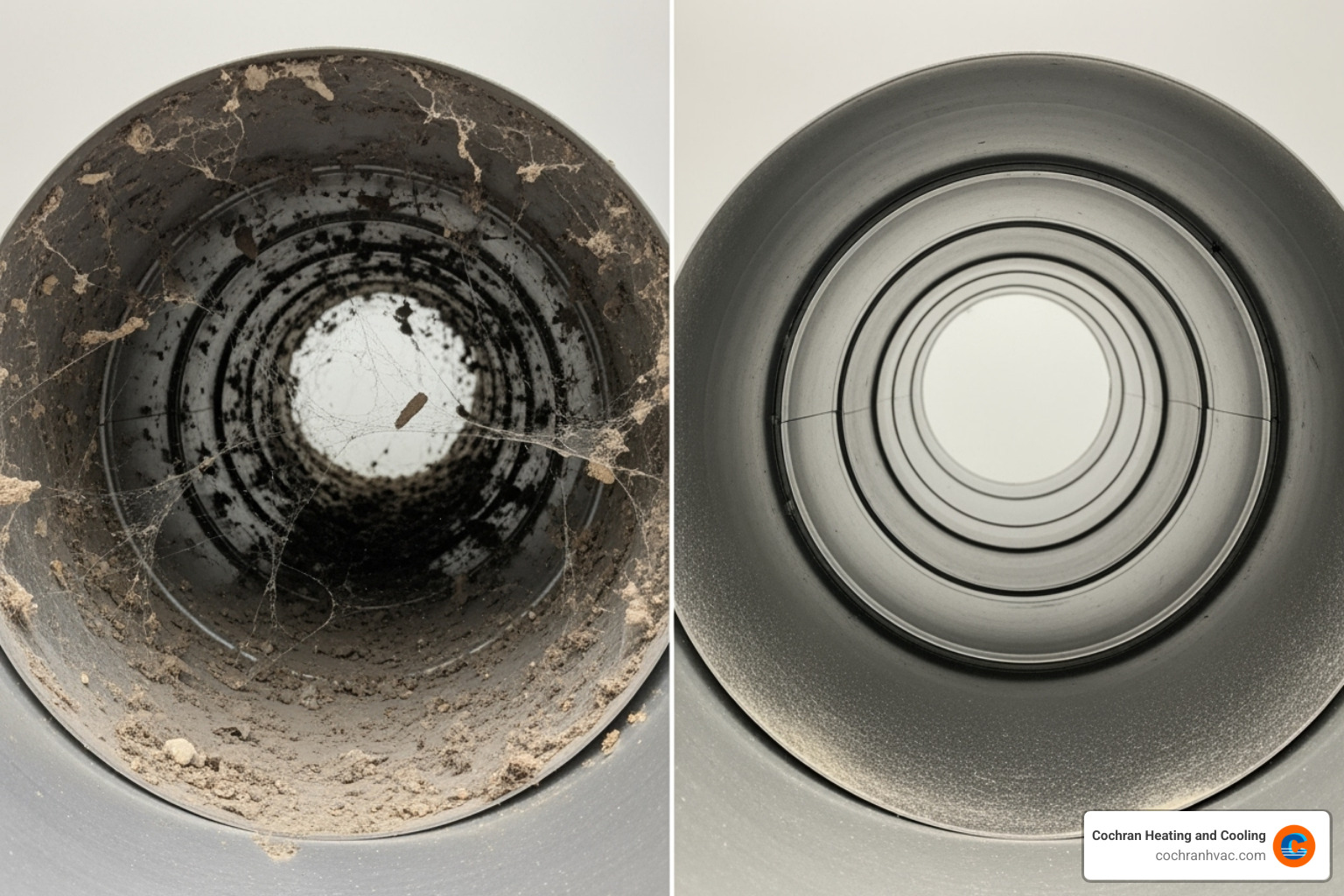 Side-by-side comparison showing a dirty, clogged air duct next to a professionally cleaned one, highlighting the significant difference in cleanliness and airflow potential - air duct cleaning westmoreland county