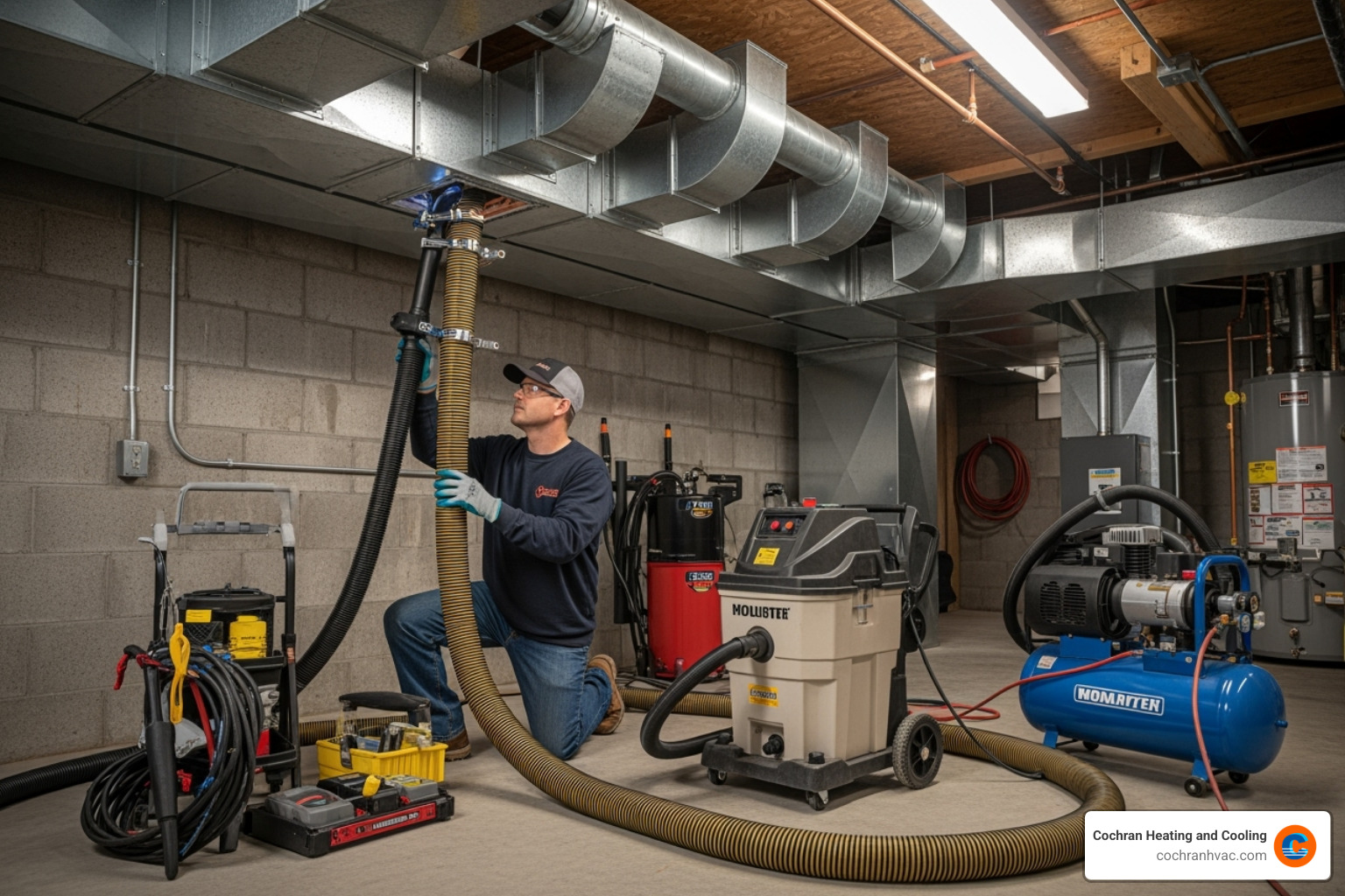 A professional HVAC technician is shown using a large, powerful vacuum hose connected to a home's main duct line, with other hoses and equipment visible, indicating a comprehensive air duct cleaning setup - air duct cleaning westmoreland county