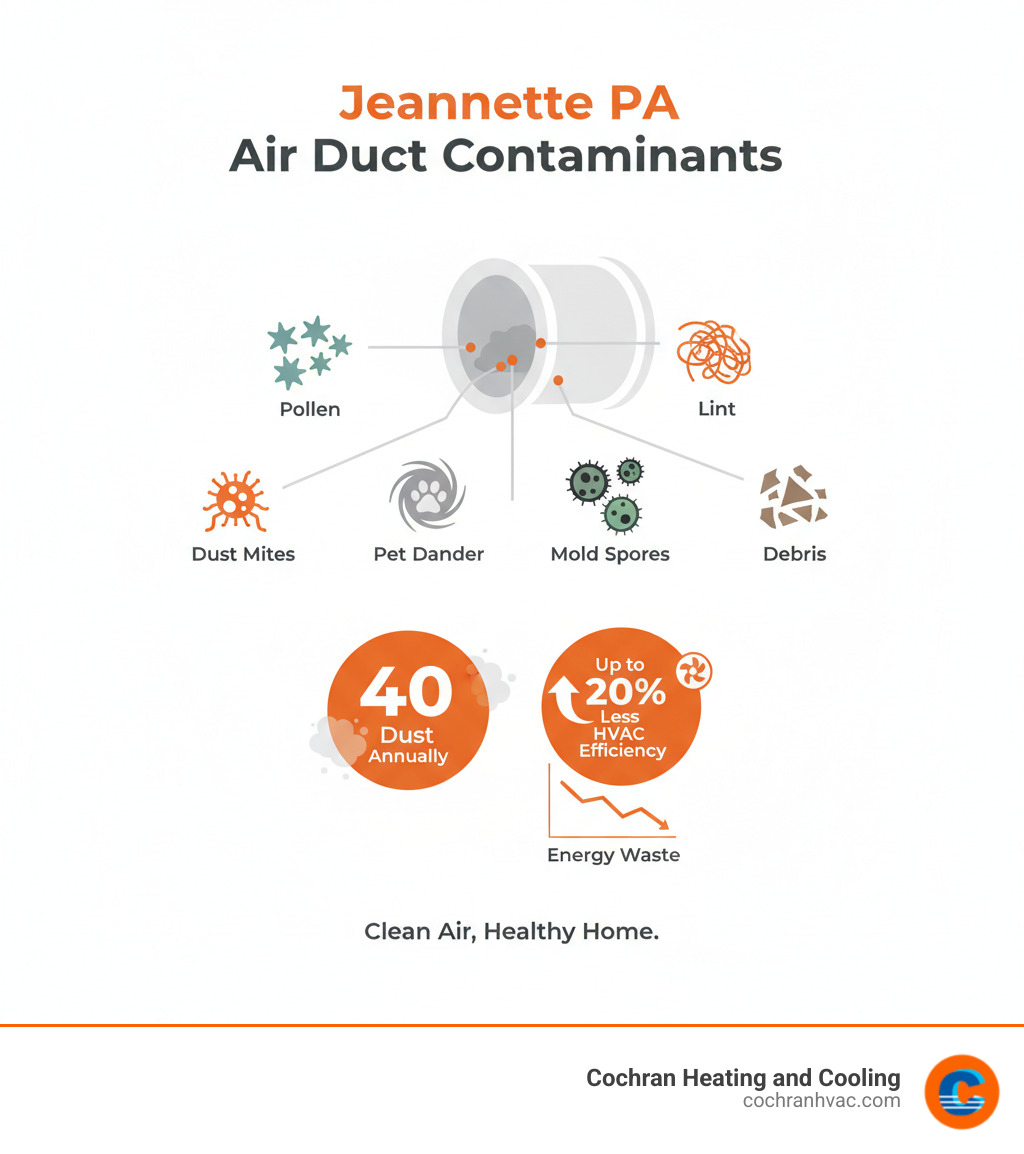 Infographic showing common air duct contaminants found in Jeannette PA homes including dust mites, pollen, pet dander, mold spores, lint, and debris, with statistics on how much dust accumulates annually and the impact on HVAC system efficiency - air duct cleaning jeannette pa infographic 