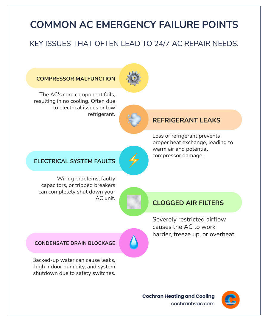 Emergency AC repair process infographic showing common failure points including compressor issues, refrigerant leaks, electrical problems, and clogged filters with 24-hour service availability in Westmoreland County - 24/7 ac repair westmoreland county infographic infographic-line-5-steps-colors