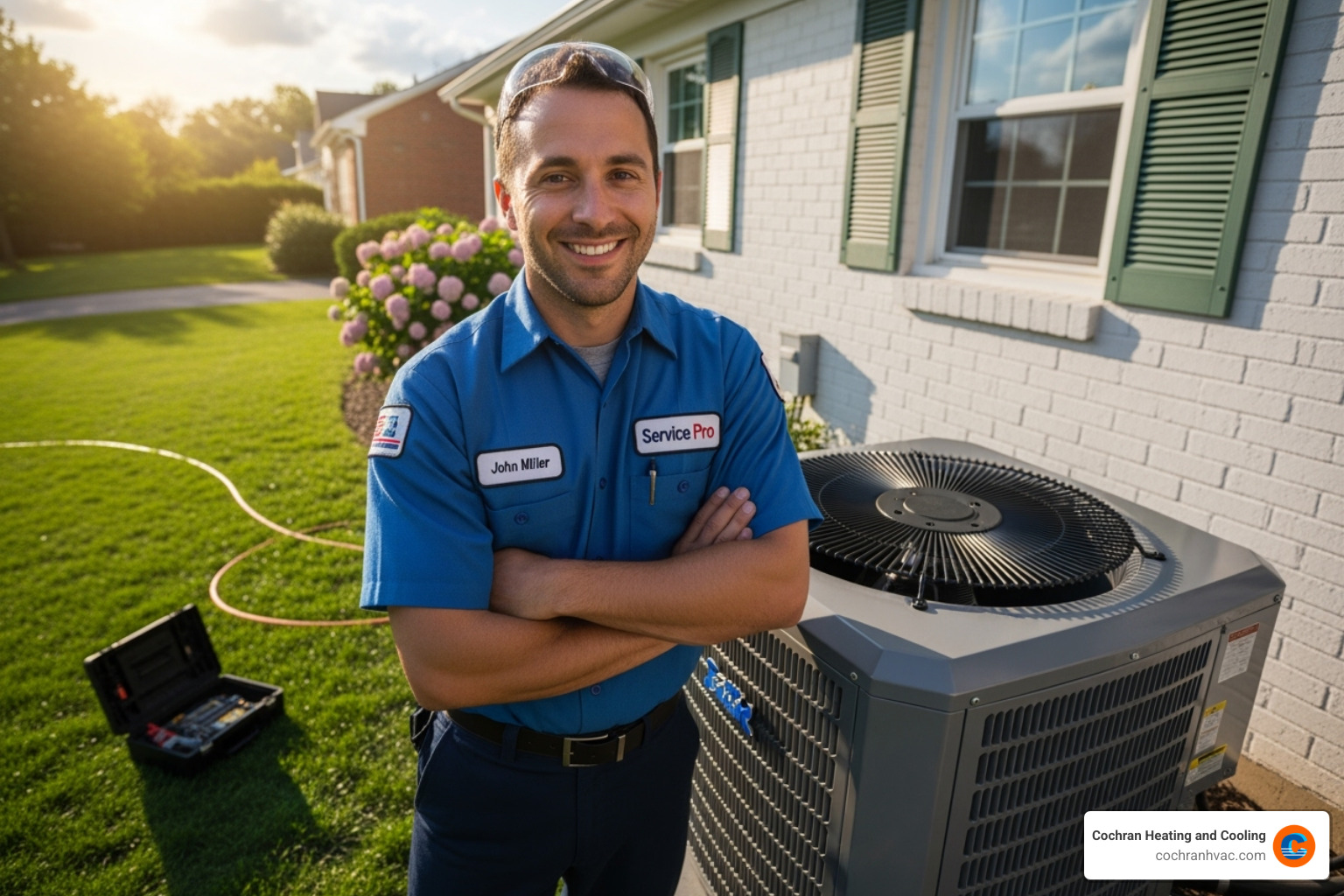 HVAC technician standing proudly next to a newly installed air conditioning unit - hvac technician training westmoreland county