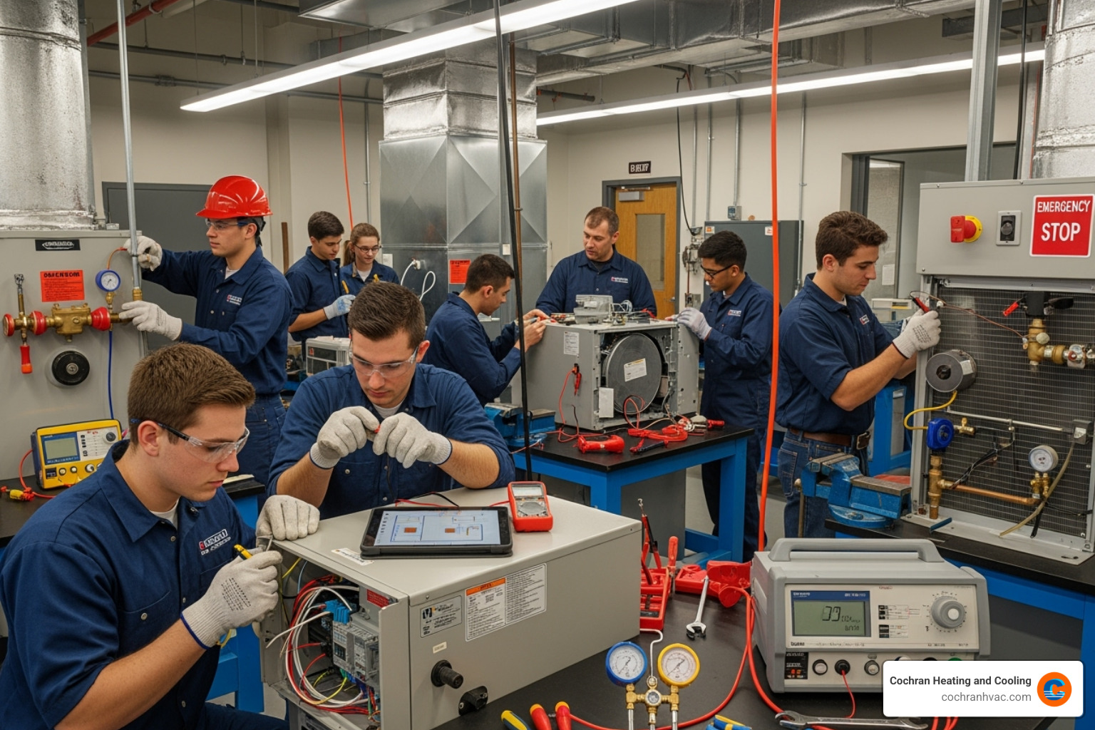 students working on HVAC equipment in a training lab - hvac technician training westmoreland county